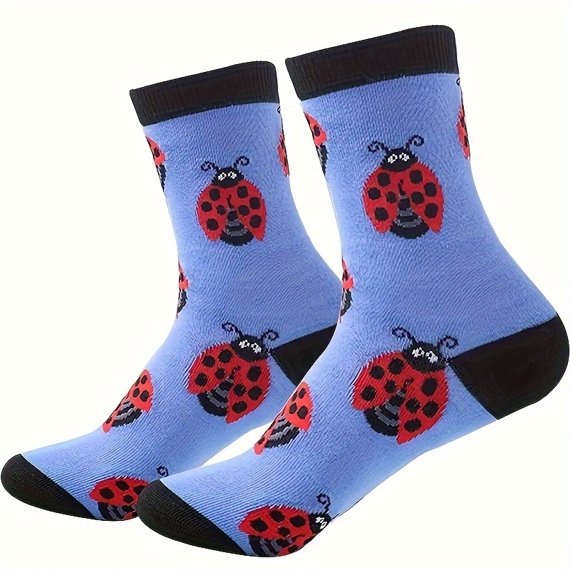 

1 Pair Unisex Couple's Short Socks, Polyester Knit Fabric With Ladybug Pattern, Animal Design, Hand Wash/