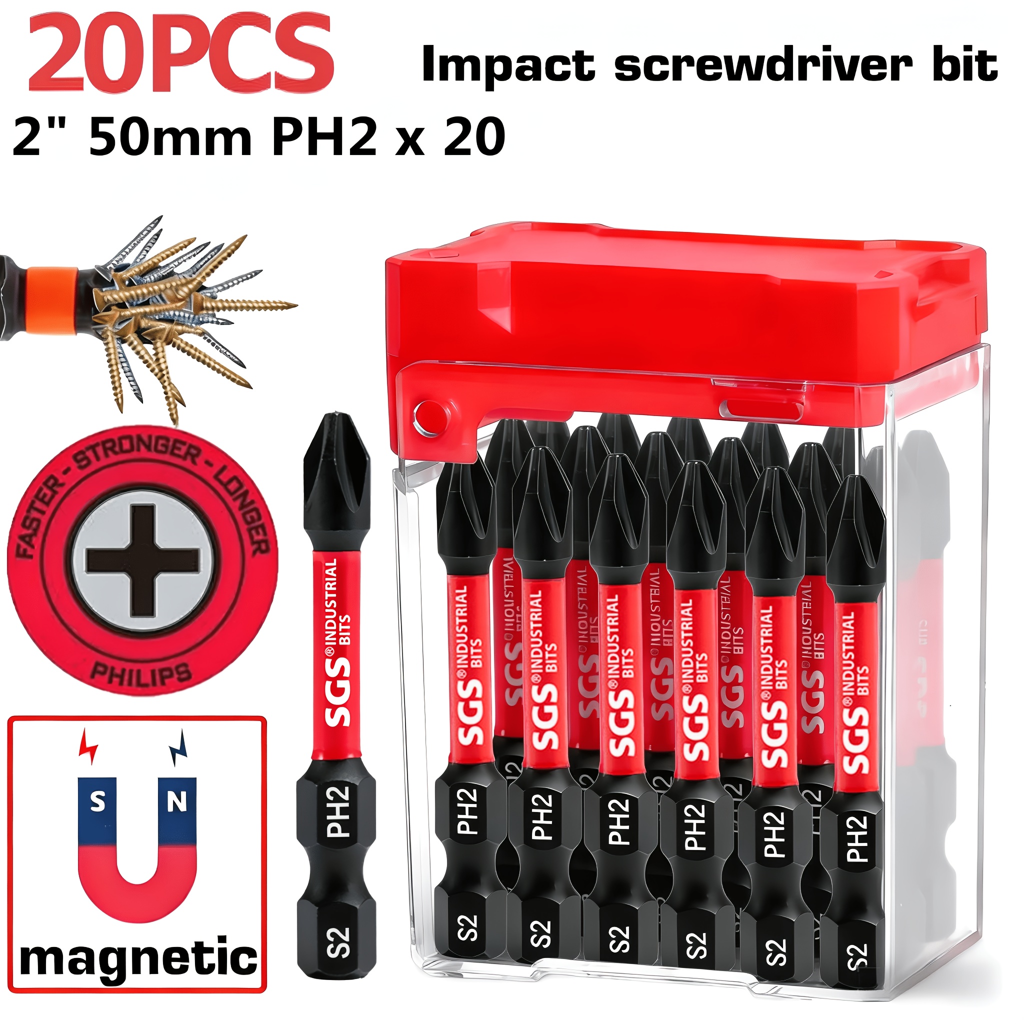 TEMU Set di inserti per cacciavite Phillips PH2 magnetici in acciaio S2 di grado industriale, 10/20 pezzi, lunghezza 50 mm, antiruggine e resistenti
