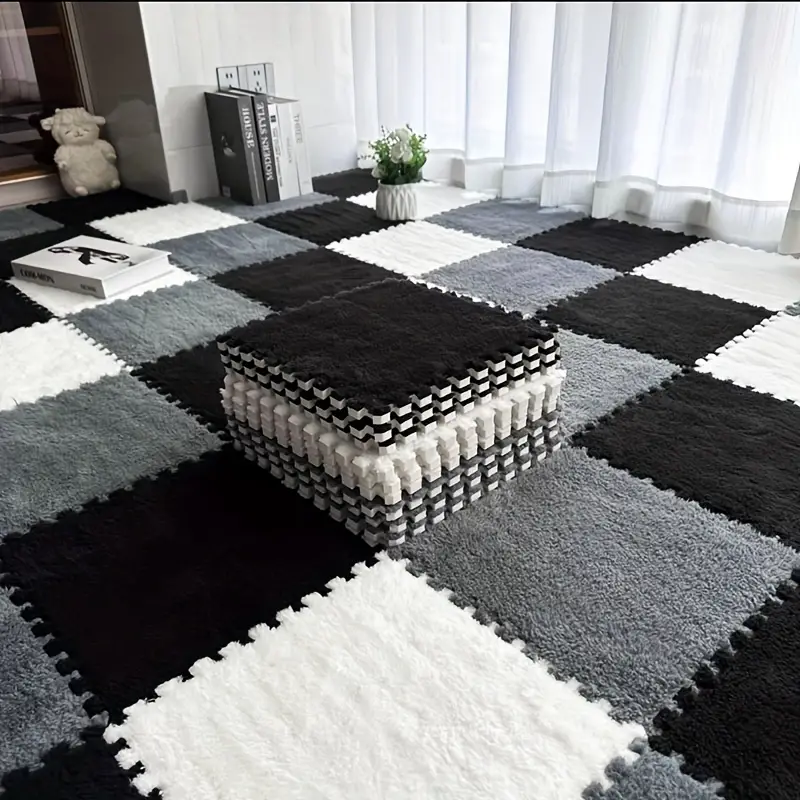 ensemble de 18 tapis de sol eaux noirs et patins en mousse s tables pour salon chambre ou patio grand tapis de 29 97x29 97 cm avec bords r urr s longueur 29 97 cm largeur 29 97 cm paisseur 0 99 pi ces noir tib blanc bandes lat rales peluche paisse et inodore 19