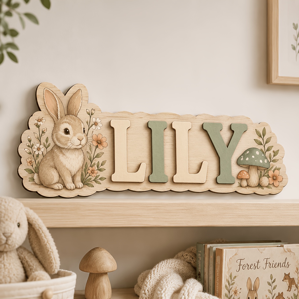 TEMU Plaque de nom 3D en bois personnalisée, décoration murale, 30 cm de large, style forêt floral lapin, lettres 3D, panneau de porte de chambre,