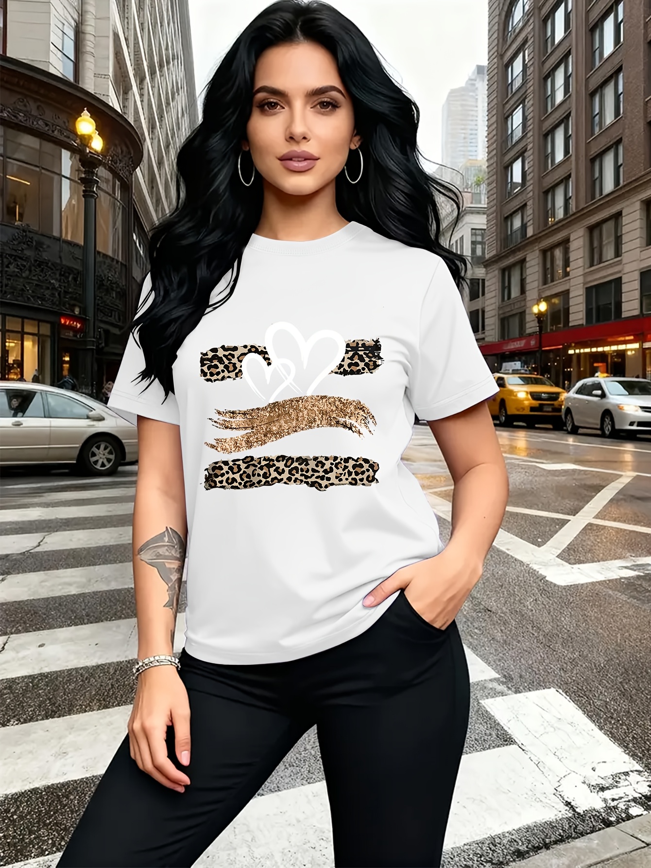 Leopard Print Heart Glitter-themed Pattern Print, Fashionable Breathable T-shirt, for Family Travel,, Casual S, Daily Commutes, Matching Outfits for Sisters, Versatile T-shirt 30057