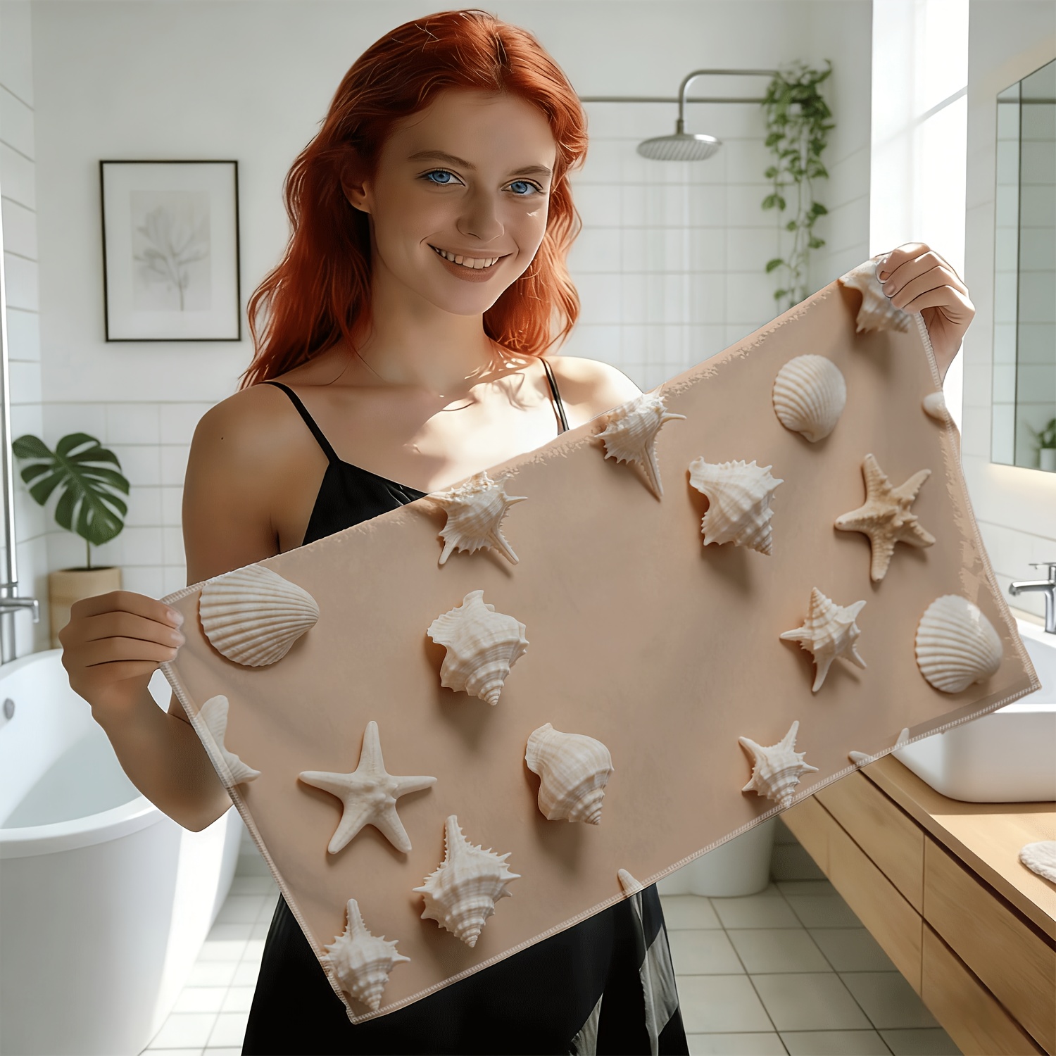 TEMU 1pc Seashell Starfish Static Beach Theme Pattern Printed Hand Towel, Exquisite Towel, Fine , Home Use, Birthday Gift, , Hand Towel, Valentine's