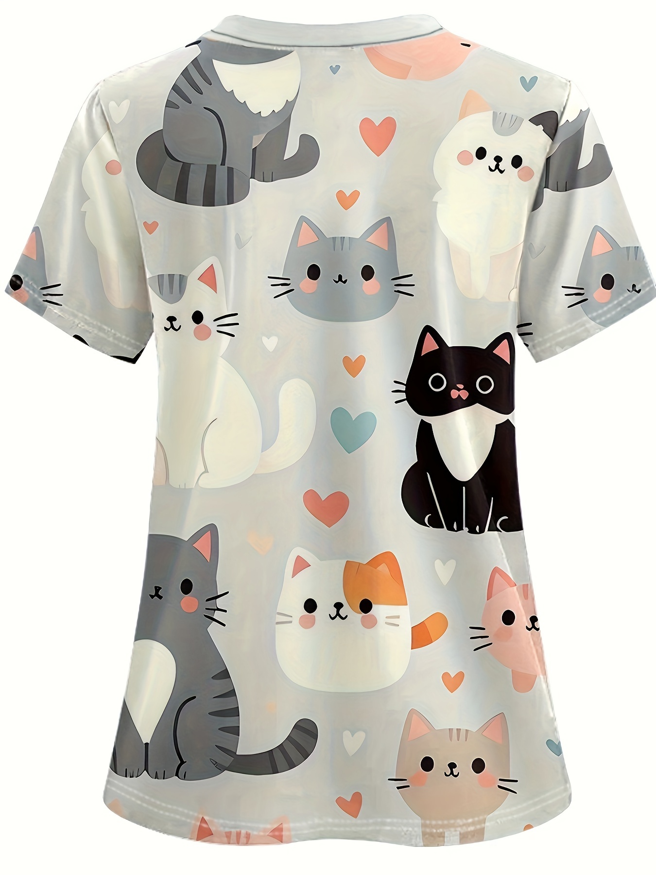 Cazibeli Kedi Baskılı V-Yaka Scrub Üstü Cepli - Rahat Kısa Kollu, Günlük Kullanım İçin Profesyonel Hemşire Üniforma Stili