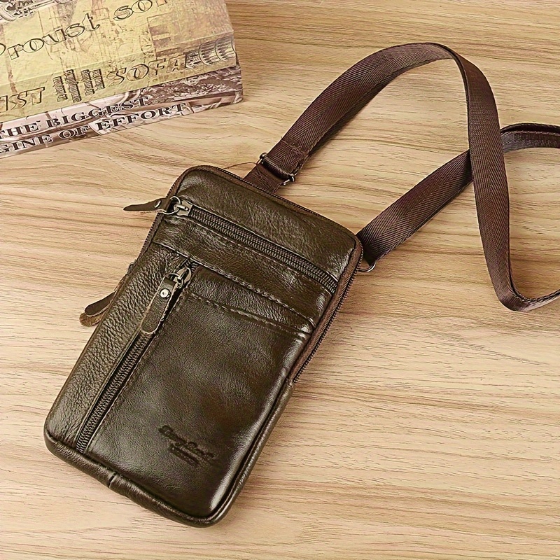 Men' & Seniors Genuine Leather Small Crossbody Bag - Lightweight Compact Phone Pouch Suitable For Smartphones, Portable Shoulder Bag With Multi-functional, Casual For -day Carry For Travel,, Daily