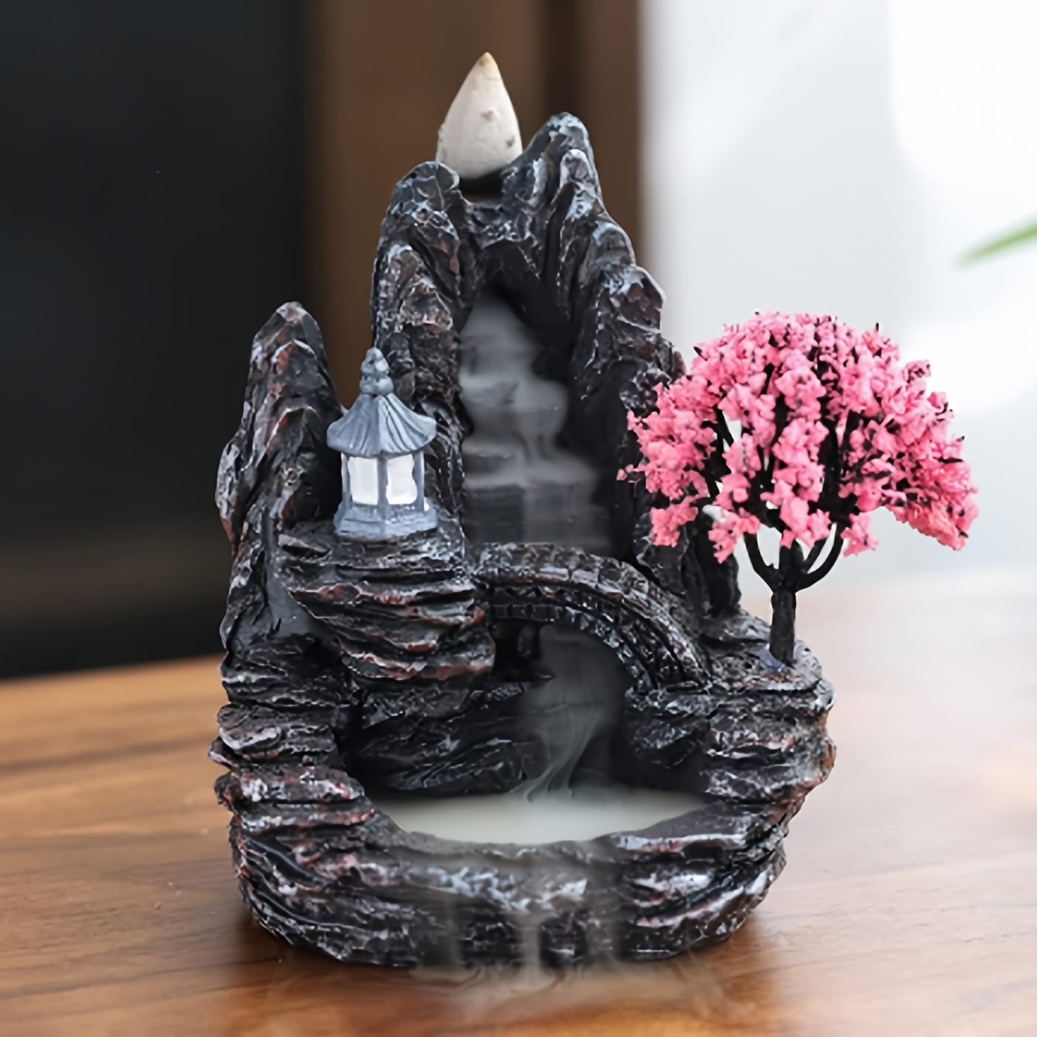 

Elegant Resin Backflow With Cherry Tree - Fragrance-free, Ideal For Yoga & Home Decor, Features Mountain With Waterfall And Lantern Accents, Incense Holder