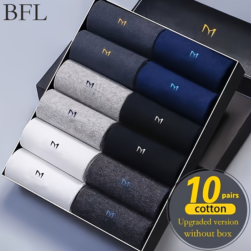 

10pcs Men's Business Cotton Crew Socks, Comfortable Breathable Mid-calf Socks, Knit Fabric, Alphabet Pattern, With Polyester 15%, Elastane 5%, Machine Washable For Men