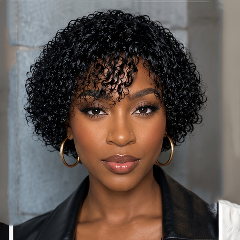 TEMU Perruque Bob Courte Bouclée Cheveux Humains Perruque Bob pour Femmes Noir Naturel Bouclé Mèche avec Frange Glueless Perruque Courte Bouclée