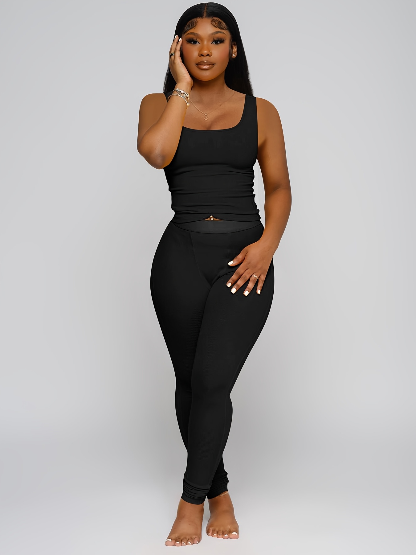 women's casual two-piece set: ribbed crop tank top & high-waist leggings -  stretchy polyester blend, machine washable - spring/summer | High-quality &  Affordable | Temu