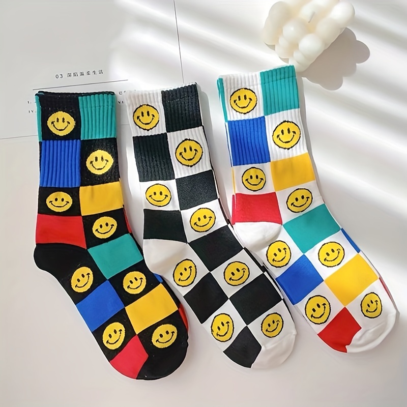 

3/6 Pairs Cartoon Face & Checkerboard Socks, Stylish Street Style Mid Tube Socks, Women's Stockings & Hosiery