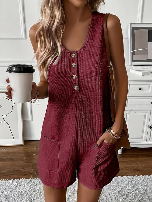 button front romper jumpsuit with pockets casual solid color sleeveless romper jumpsuit for summer womens clothing