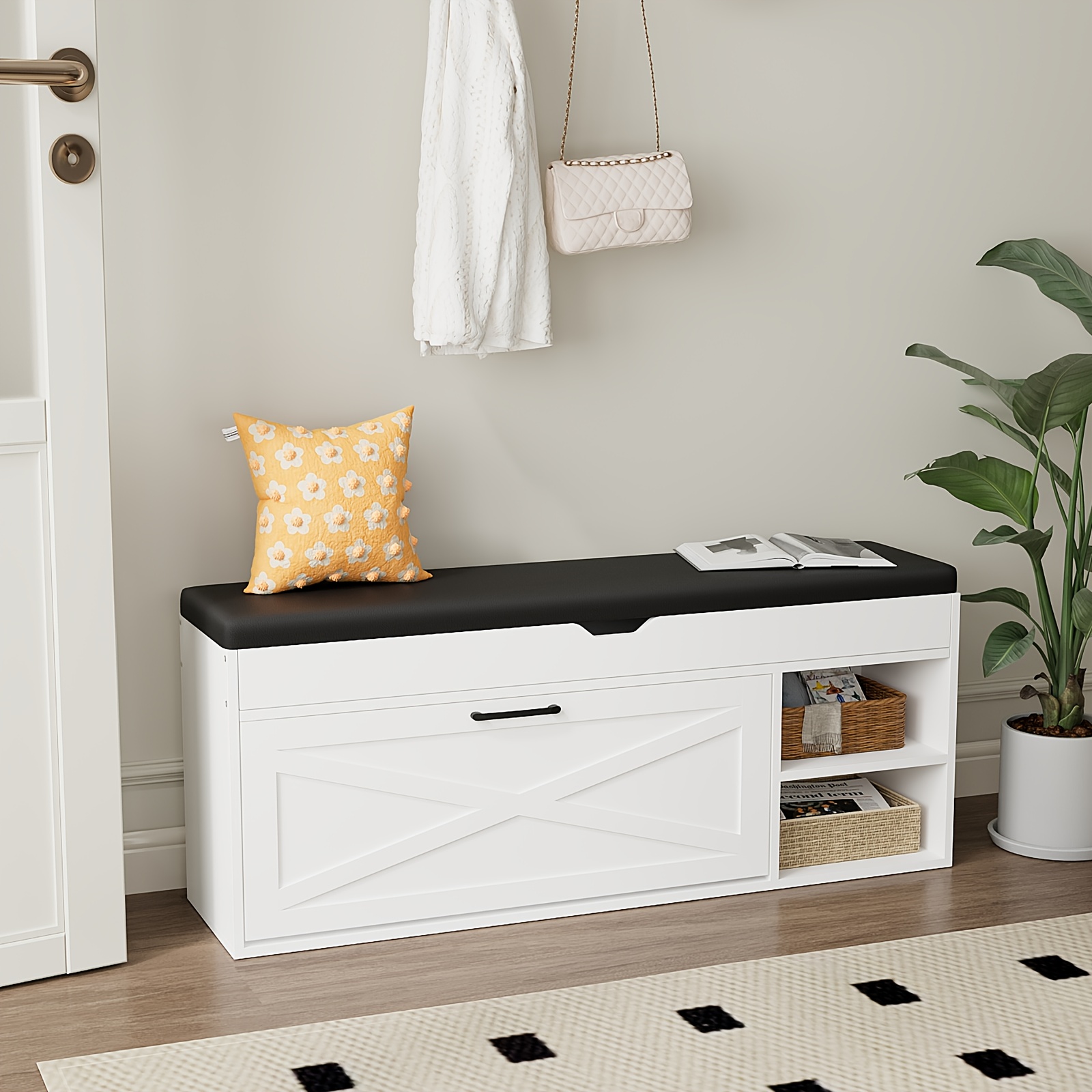 47 freestanding shoe storage bench with hidden compartment open shelves soft   leather seat white   saving design for entryway hallway or living room shoe rack 4
