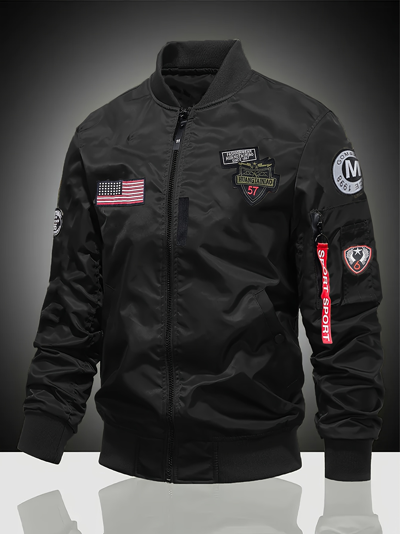 Men'S Classic Baseball Collar Flight Jacket, Loose Fit Zip-Up Closure, Multi-Pocket Letter Patch Design, Casual Athletic Reversible Style, Polyester Lining Long Sleeve Zip-Up Coat