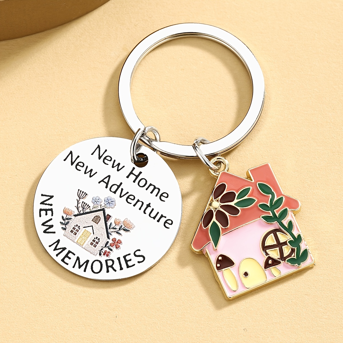Single New For Homeowner Gift | Iron Keychain With Stainless Steel Pendant, Cartoon Theme, Round Shape, Ring For Home Buyers, Suitable For Christmas, Birthday, New Year