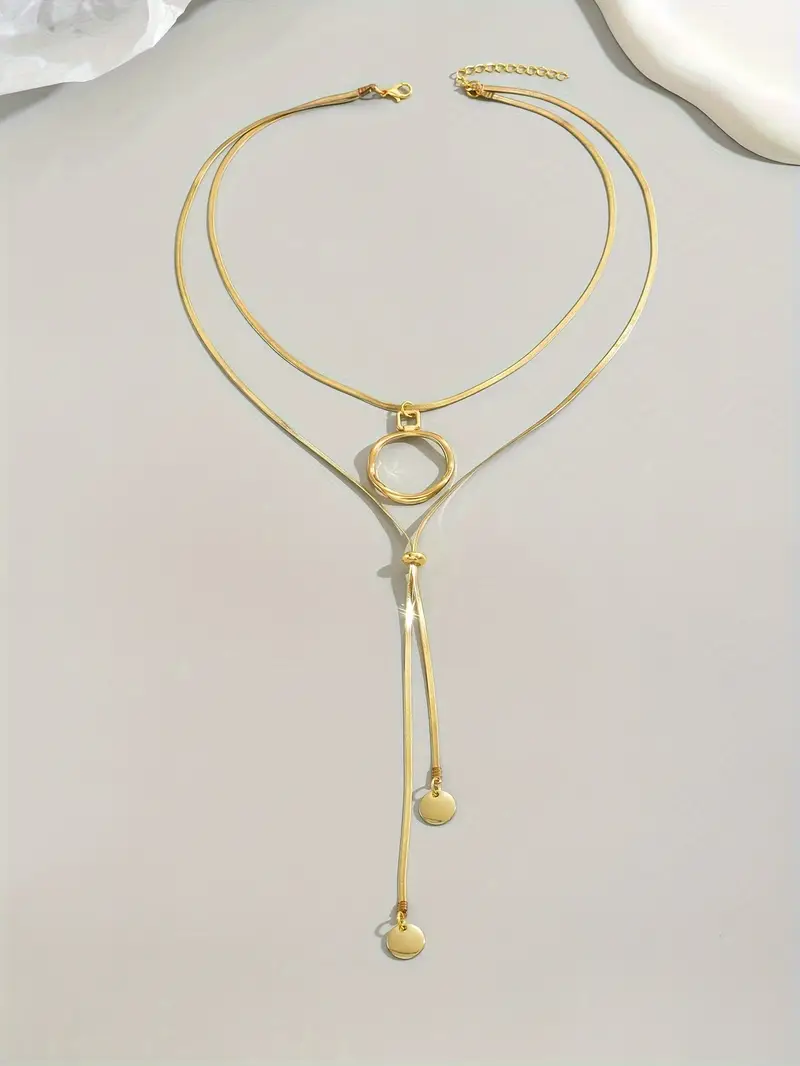 1pc elegant vintage shape double layered circle tassel necklace adjustable 18k golden plated stainless steel pendant for women ideal for daily wear and parties valentines day gift Product details 1