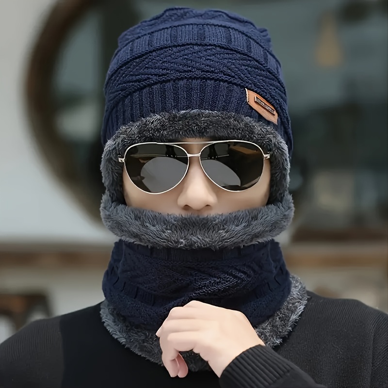 TEMU Ensemble Chapeau et Écharpe d'Hiver pour Homme, Tissu Polyester avec Doublure Peluche, Style Tendance et Cool - Élastique, Lavable à - Cadeau
