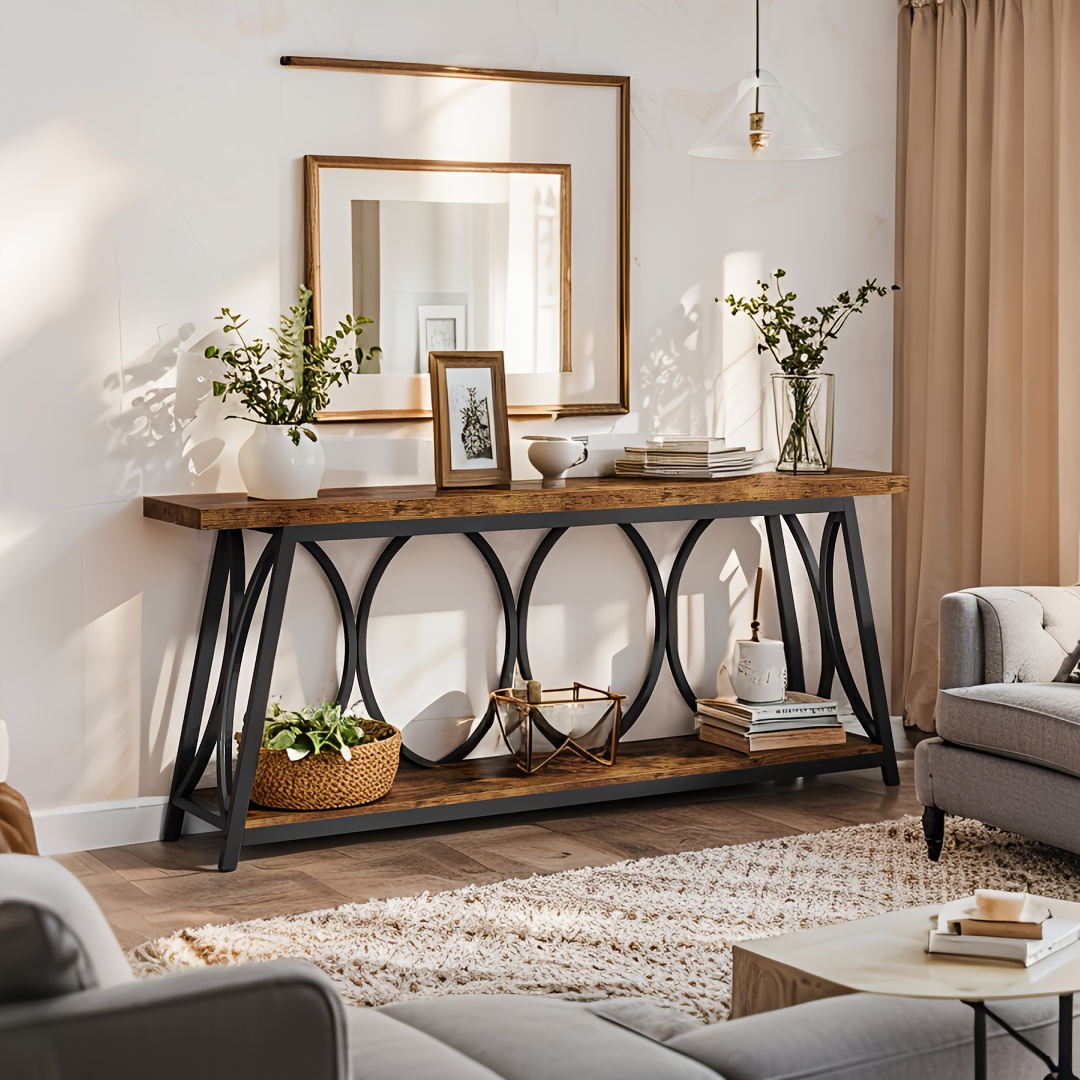 TEMU 70.9" Industrial Console Table - Extended Rustic Brown Wooden Sofa Table Featuring A 2-tier Storage Shelf, Slim Entryway & Hallway Accent Table