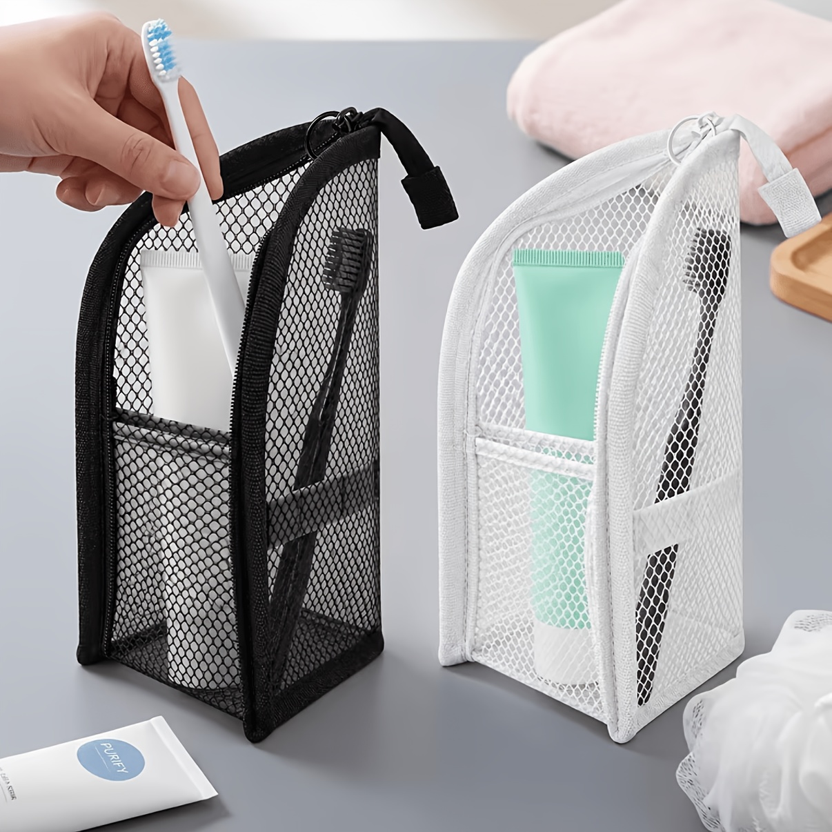 TEMU Lot de 2 trousses de toilette portables en , petit étui à brosse à dents de voyage, organisateur multifonctionnel pour pinceaux de maquillage,