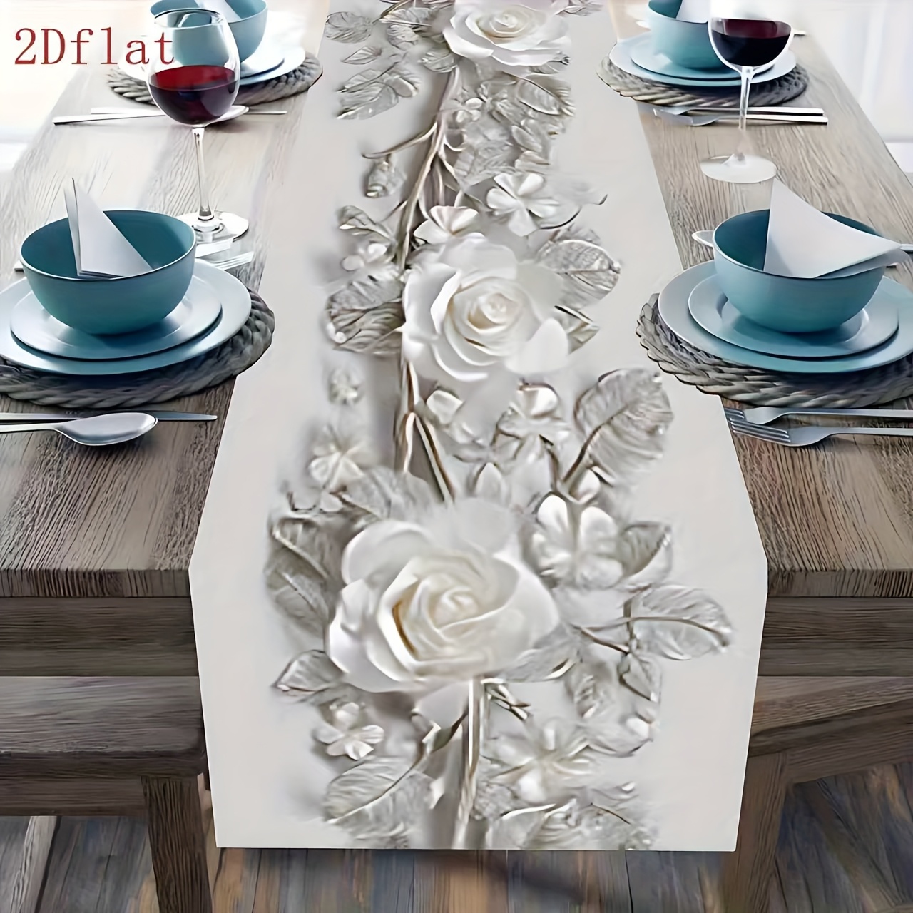 TEMU 1pc 2d Flat Elegant Floral Print Table Runner - White And Gray Rose Pattern, Extra Long Or Standard Size Dining Room Decor - Durable Fabric For