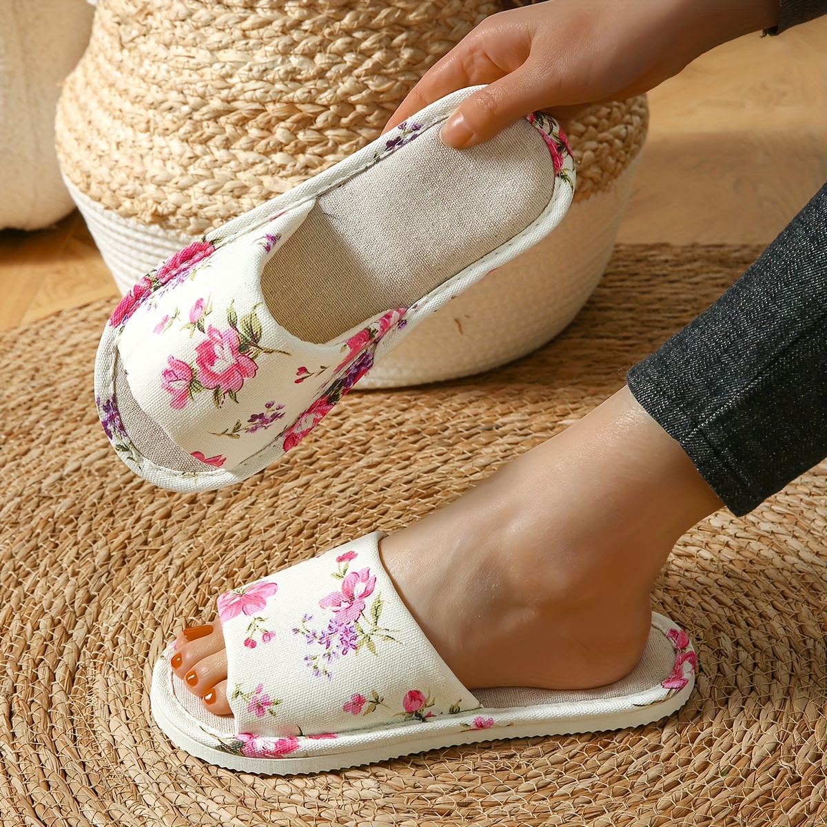Linen Sole Home Slippers, Comfortable Mute Non-Slip Open Toe Slides For  Indoor Home Use, Casual Indoor Shoes