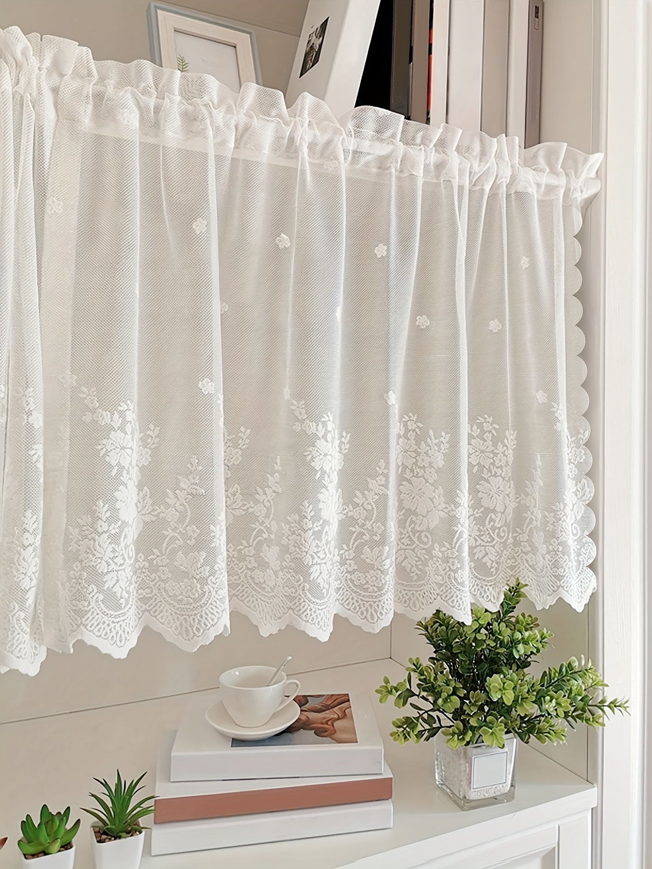     lace valance rod   light filtering floral window treatment for   room bedroom decor details 4