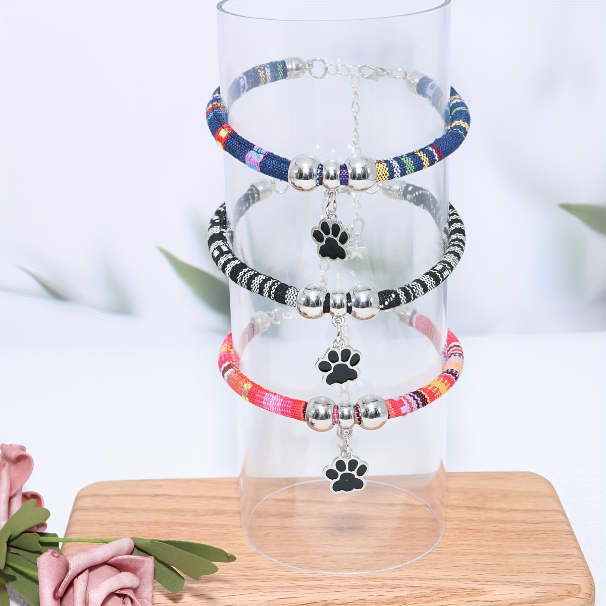 Nylon Pet Necklace with Colorful Paw Print Pendant - Adjustable Cat And Small Dog Collar with Ethnic Design - Durable And Stylish Pet Accessory