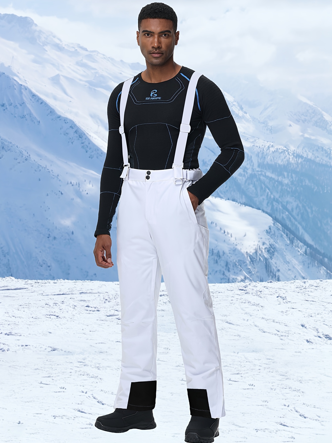 men's beige snow ski pants, winter large pocket overalls