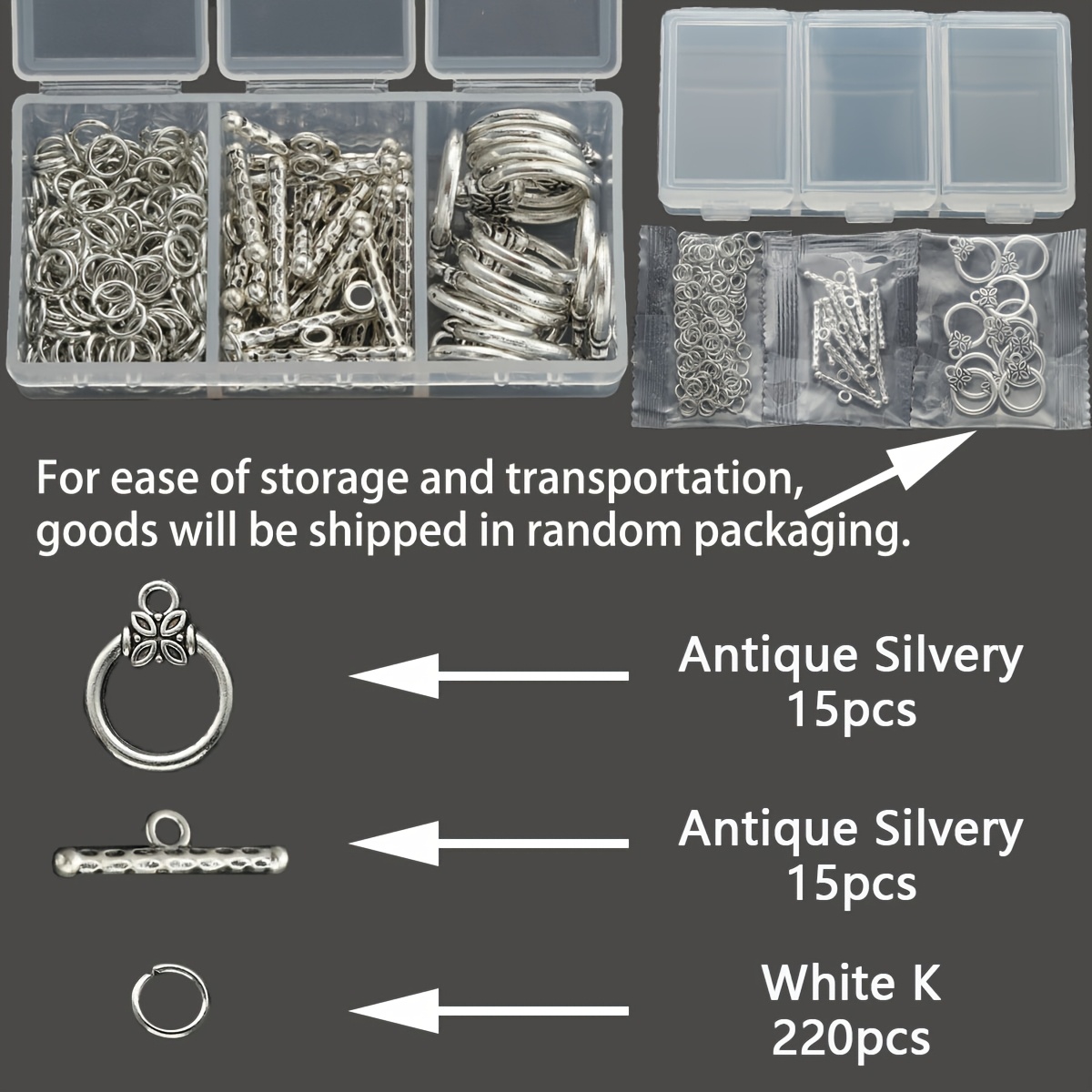 E-shop 250 Stk./Box Schmuckherstellungsset, inklusive 15 Stk. runde Anhänger, 15 Stk. OT-Verschlüsse und 220 Stk. Biegeringe usw. Zufällige Verpackung,
