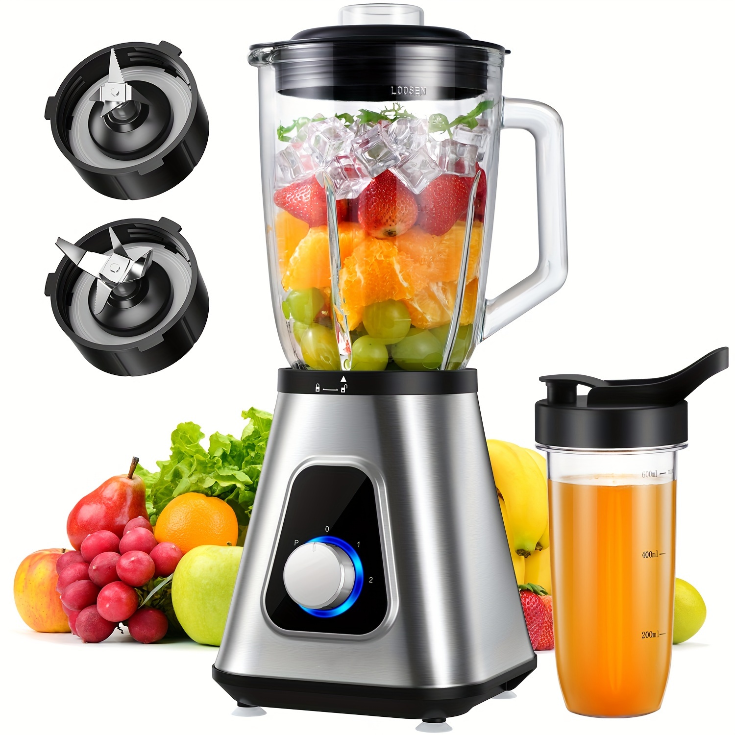 

Shardor Countertop Blender, 52oz Glass Jar, 22oz Travel Cup, 3 Adjustable Speed Control For Fruit Drinks, Smoothies, Sauces, Sliver.