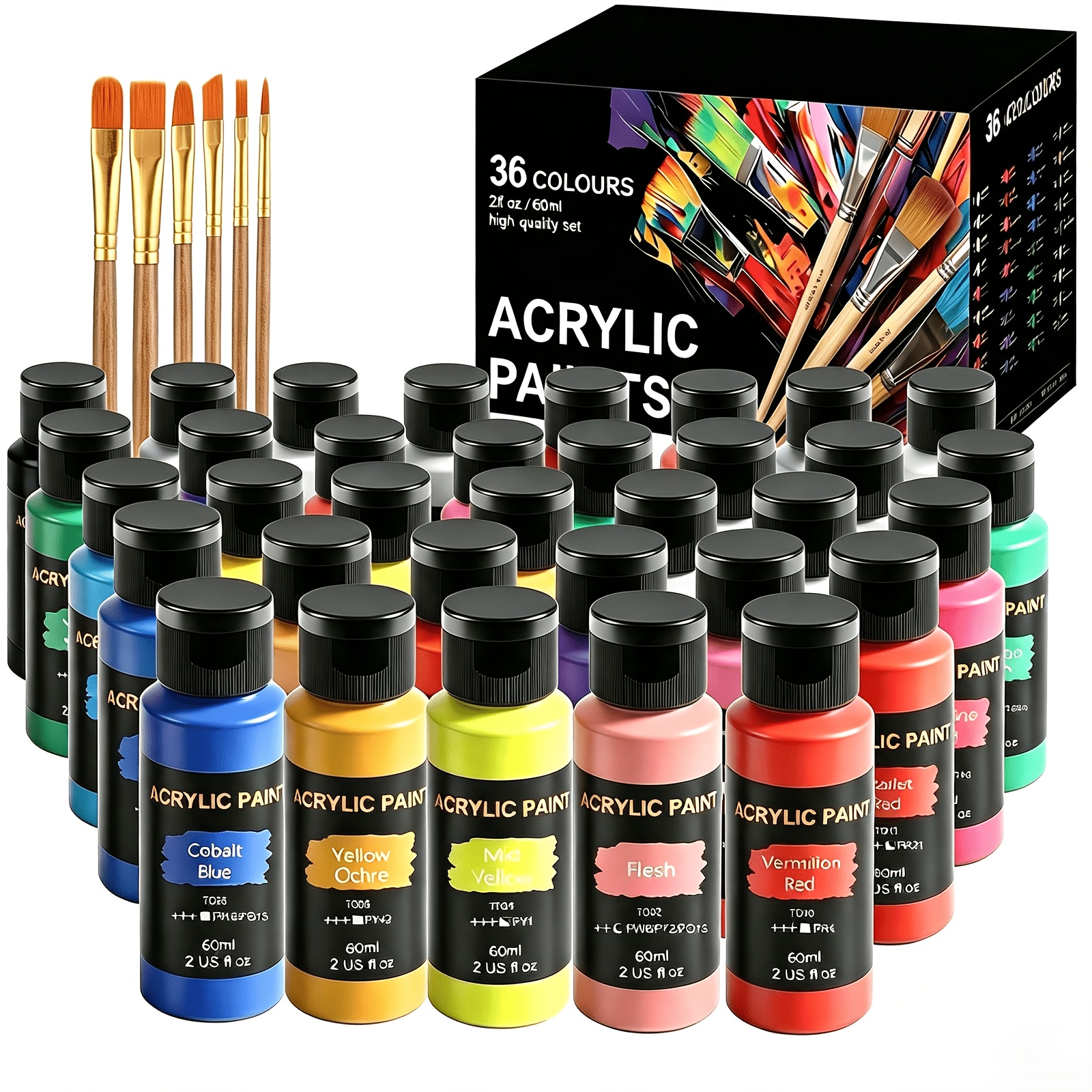 TEMU Ensemble de 36 couleurs de peinture acrylique avec 12 pinceaux d'art, 2 oz/bouteille, kit de peinture acrylique non pour enfants, pigments