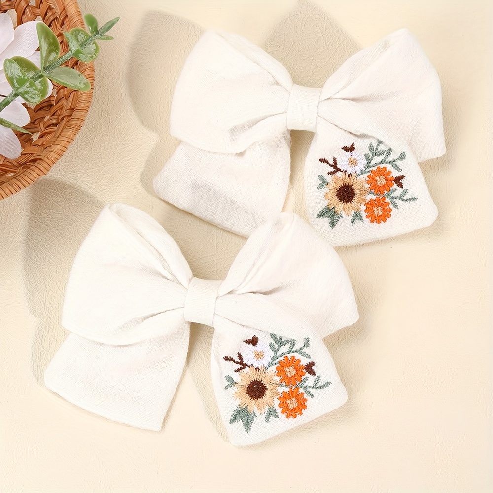 

Floral Embroidered Hair Bow Clips For Teens - Cute Polyester White Bow Barrettes With Alligator Clips, 2 Pcs Set For