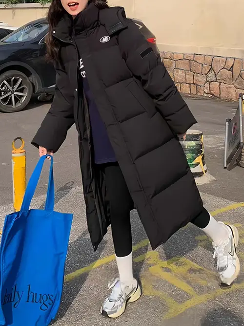 여성용 시크한 플러스 사이즈 겨울 코트 - 엑스트라 롱, 두꺼운 & 따뜻한 지퍼 디테일, 단색, 폴리에스테르 - 야외 추운 날씨에 완벽함