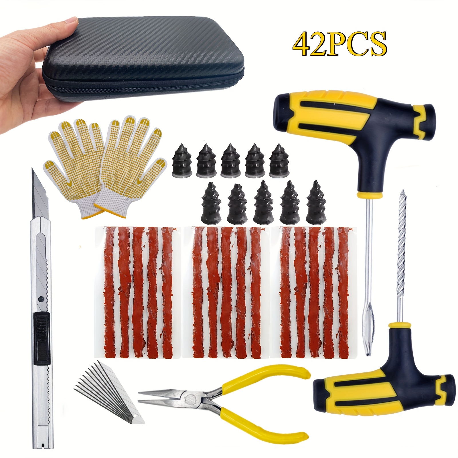 TEMU 42pcs Auto Repair Kit Universal Tire Repair Tool Set With Pu Holster For Cars, Trucks, Rvs - Vacuum Membrane Rubber Nails, Complete Set With T-handle Plug And Screw Probe Tool
