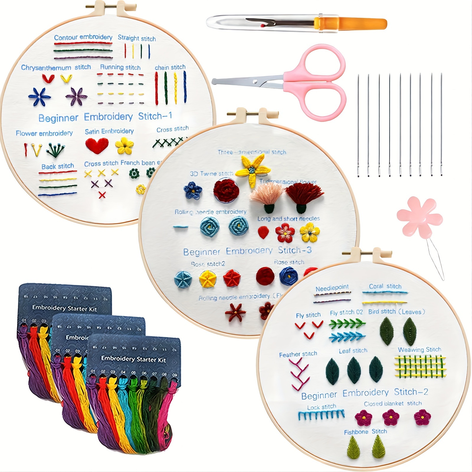 

Embroidery Kit, Sewing Kits For Kids, Stitch Kits For Beginners &3 Sets Hand Embroidery Kit With 1 Hoop Learn Different Stitches.(plant)