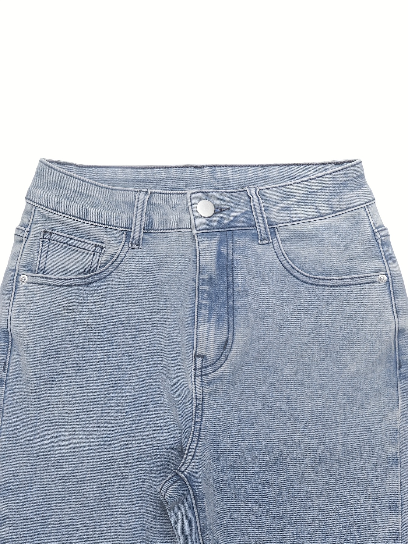 GILIPUR MH1025 Light Blue Retro High-Waist Stretch Straight Leg Women's Pants, Street Style Solid Color Long Pants with Pockets, All-Season Comfortable Stretch Fabric, Machine Washable