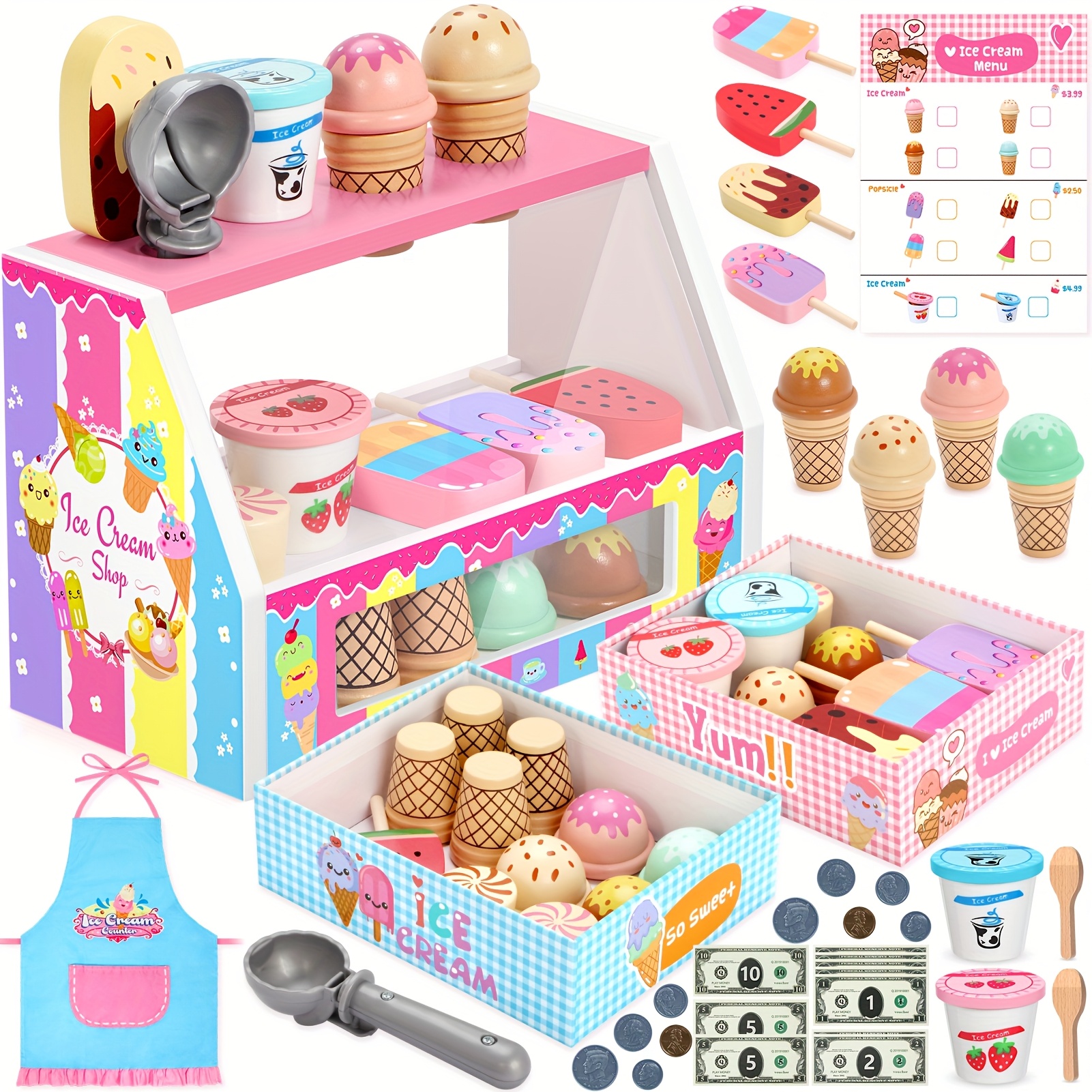 

Ice Cream Toy, Wooden Ice Cream Play Set, Pretend Play Kitchen Toys, Ice Cream Toys, Ice Playset , Gifts Toys For 3 4 + Year Old Girls Boys