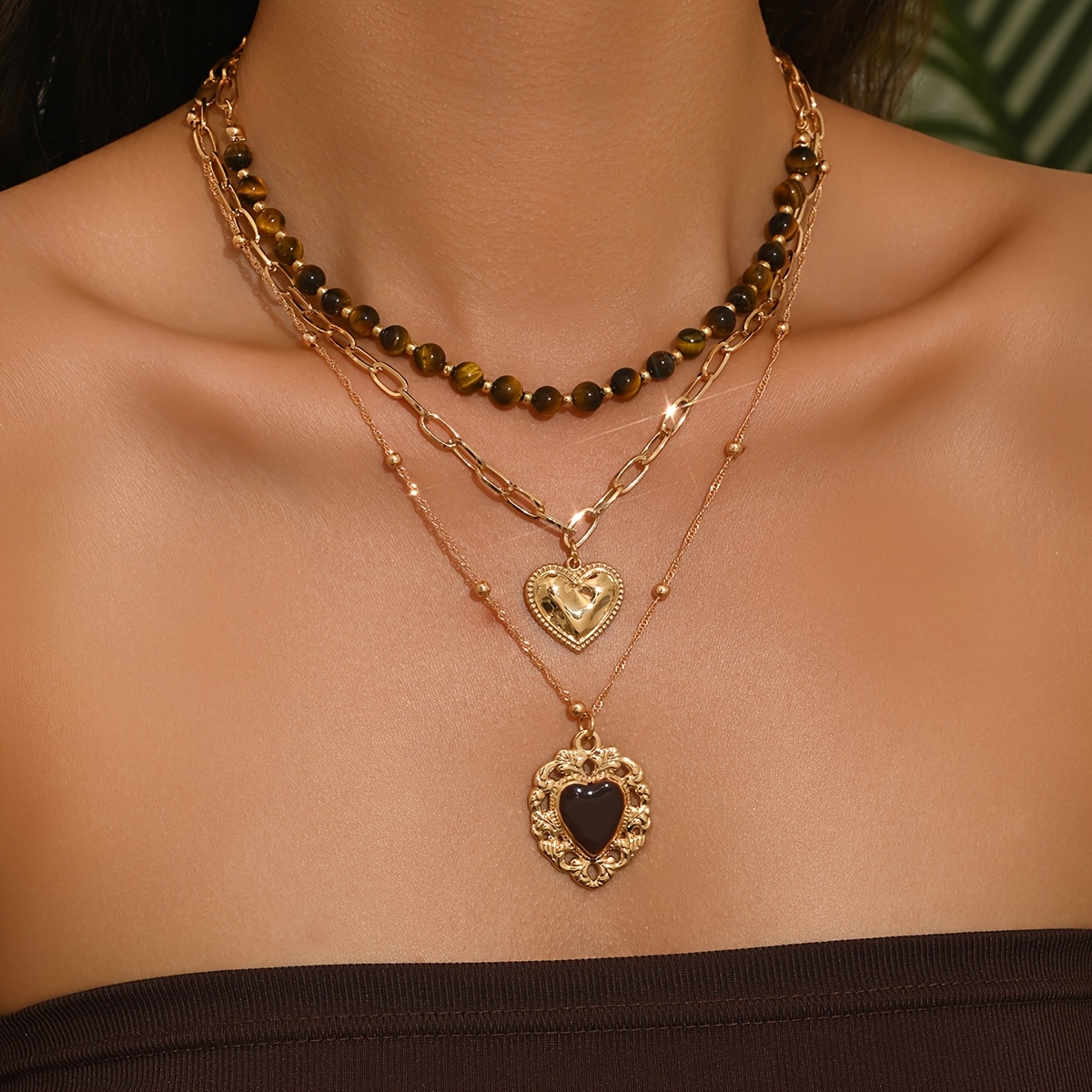 Image of Set Of 3 Stylish Cowgirl Layered Necklaces, Featuring Beads And Heart Pendants, Vintage Bohemian Jewelry Ideal For Beach And Party Attire