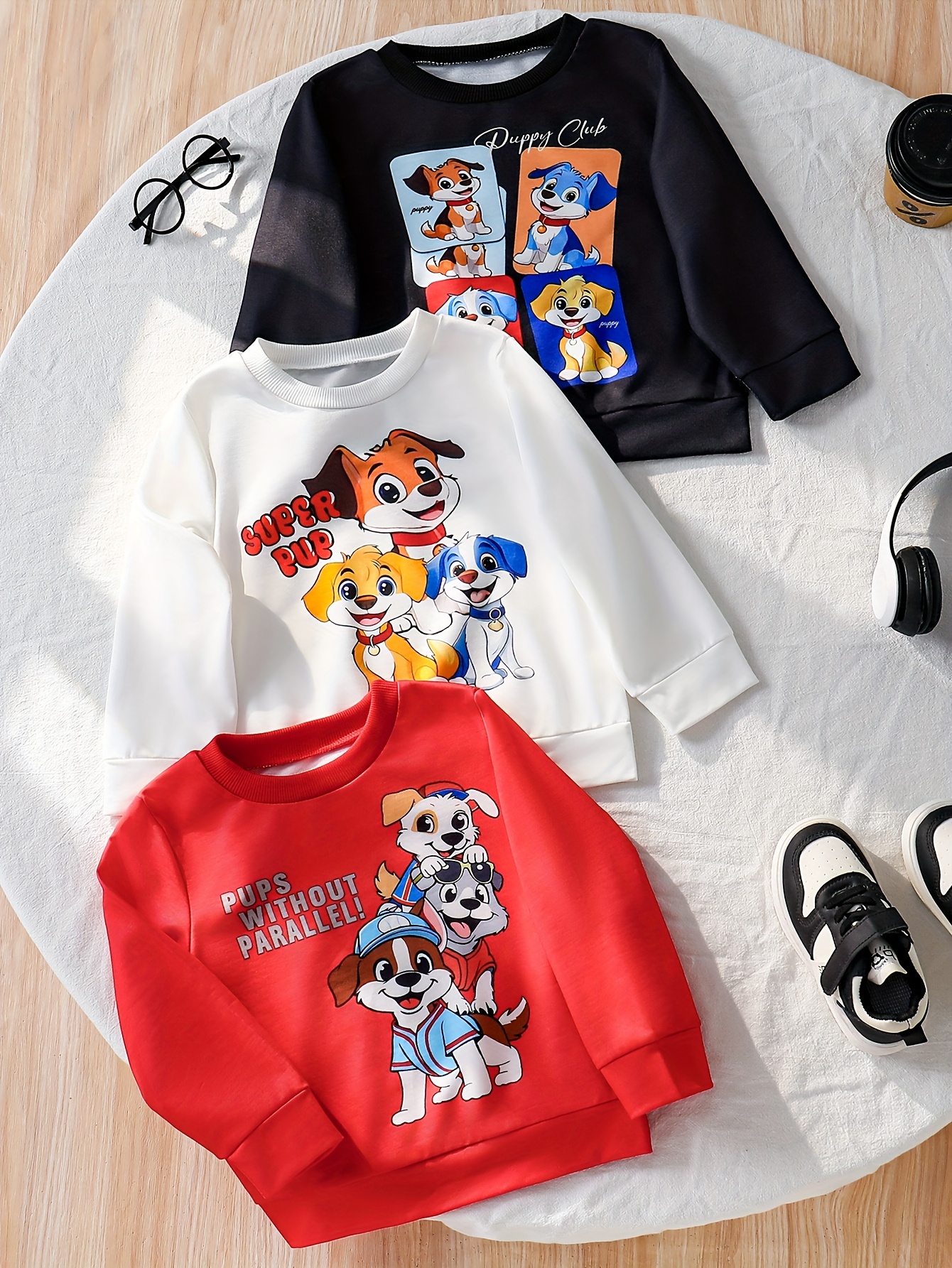 3pcs Boys Cartoon Dog Print Fashion Creative Element Pattern Long Sleeve Crew Neck Sweatshirt, Suitable for Spring and Autumn,   Wear, as a Gift