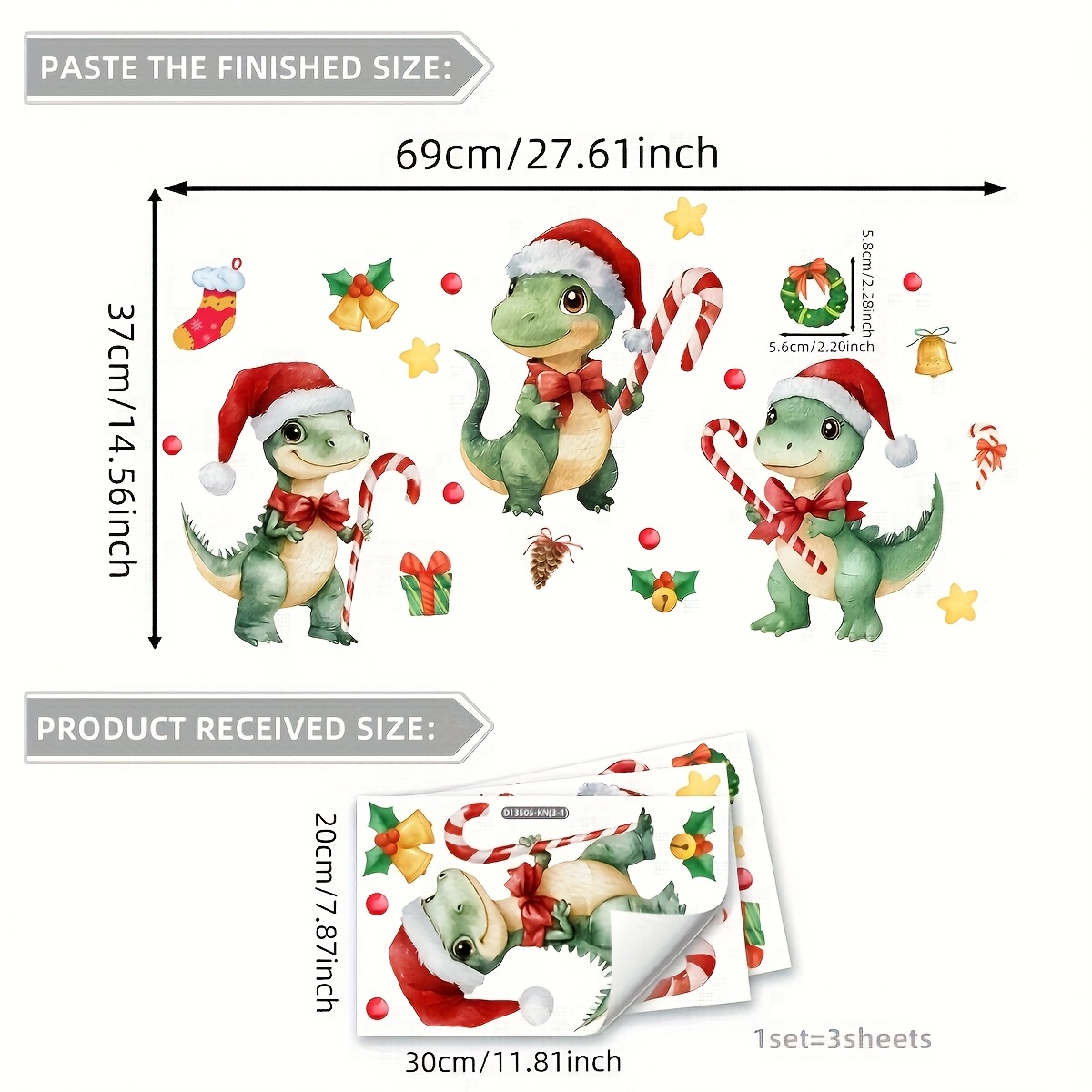 Image of 3pcs (1 Set) Dinosaur Wall & Window Stickers Compatible For Christmas - Pvc Decals With & Bell, Easy & Stick, Irregular Shapes Suitable For ' Rooms, Holiday Decorations