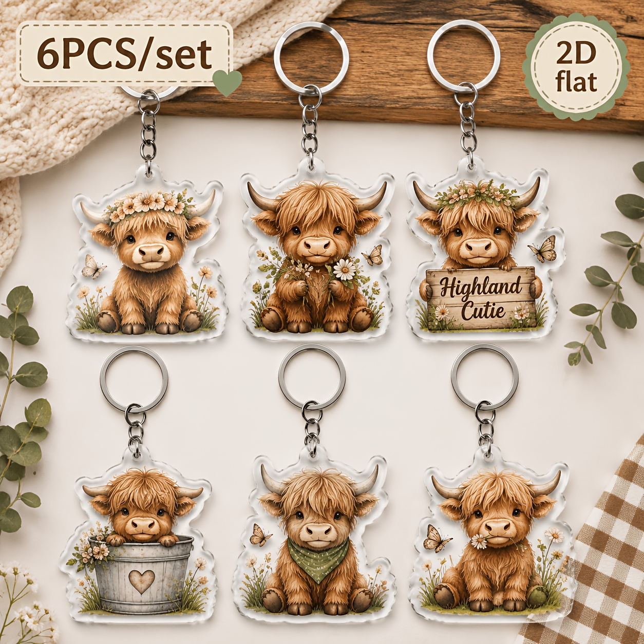 TEMU 2d Flat - 2dflat 6pcs Cute Fluffy Highland Cow Cartoon Acrylic Keychain Pendant, Bag Decoration, Car Key Backpack Decoration Gift