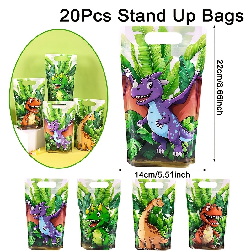TEMU Gift For Her/him 20pcs Dinosaur Gift Bags Suitable For 1st Birthday Party Decorations, Reusable Stand Up Resealable Bags With Dino Design,
