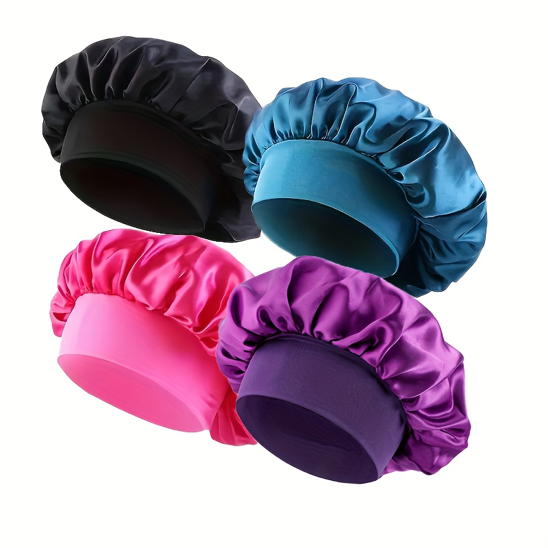 TEMU 4pcs Soft & Cozy Satin Knit Beanie Caps - Elastic Wide For Comfortable , Hair Protection, And Gentle - Size Fits All, Lightweight, Breathable,
