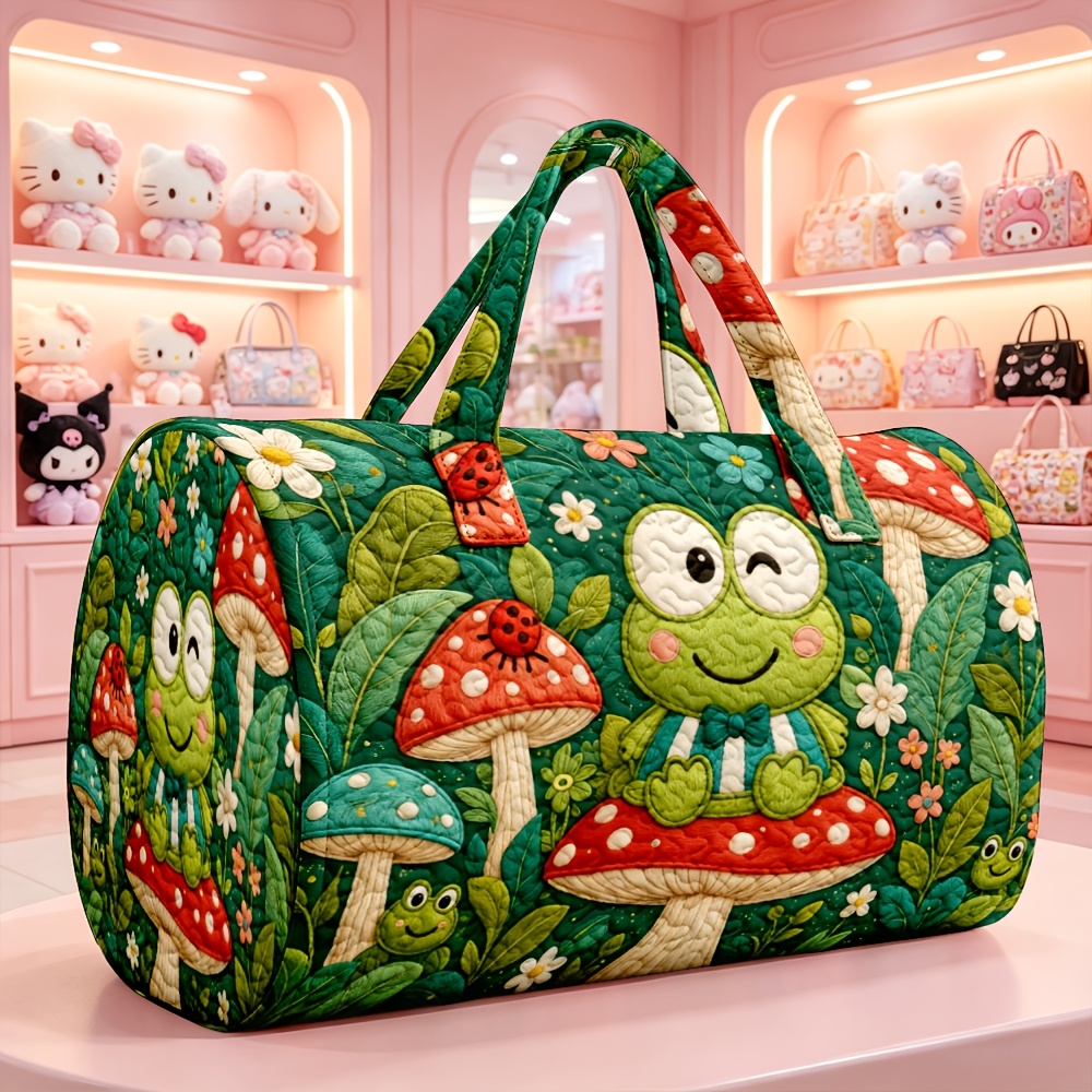 Bolso de mano acolchado de 1 pieza con estampado de Keroppi y champiñones, apto para mujer, bonito bolso de viaje cilíndrico con estampado de rana y champiñón, mochila lavable a máquina para regalos temáticos de Pochi Keroppi