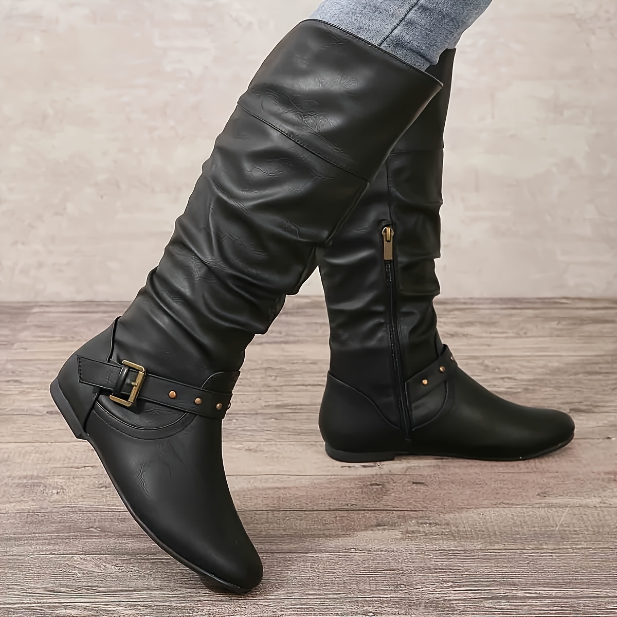 round toe side zipper high top flat motorcycle - Temu