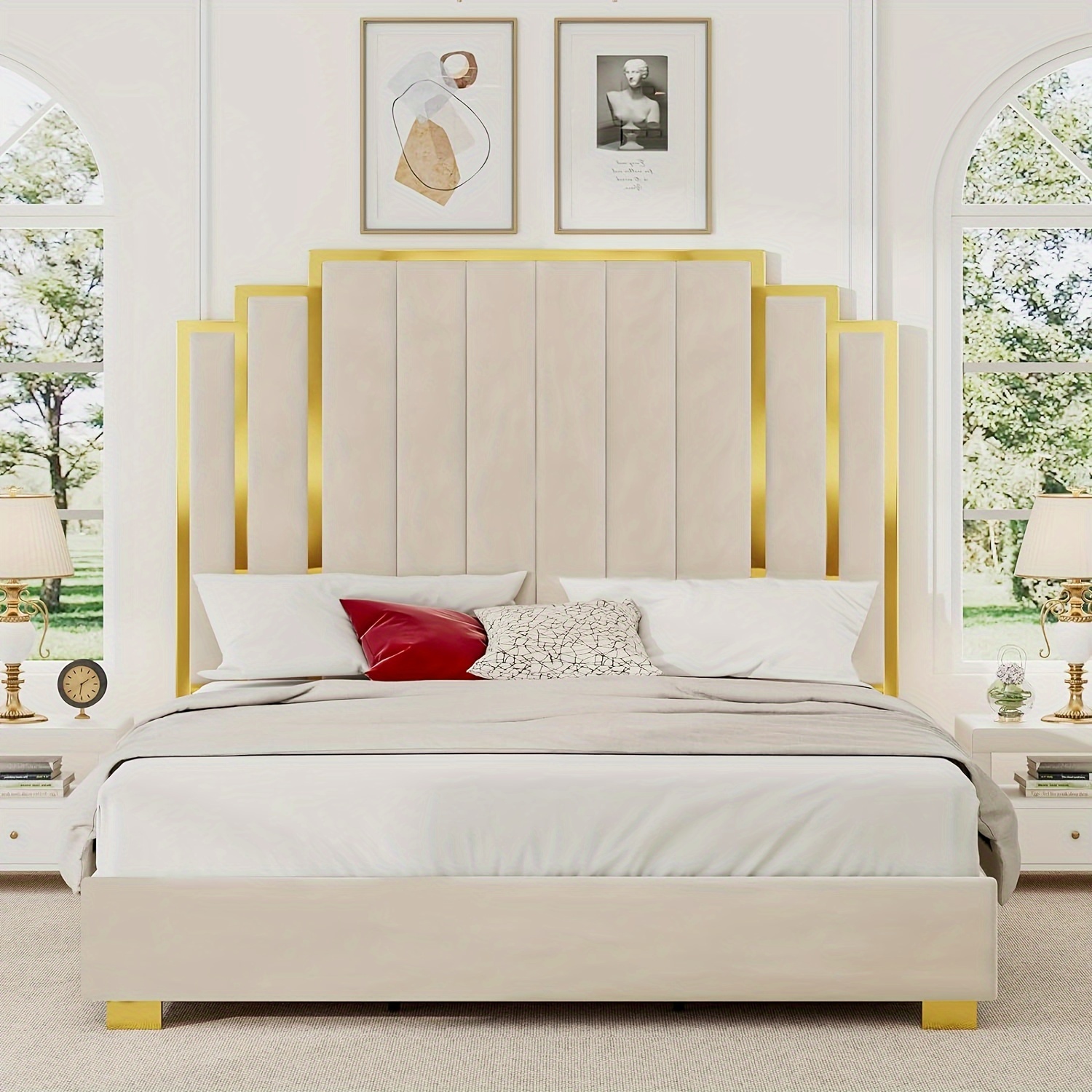 

King Modern Upholstered Bed Frame With 61-inch Headboard And Gold Plating Trim, No Box Spring Required Cream