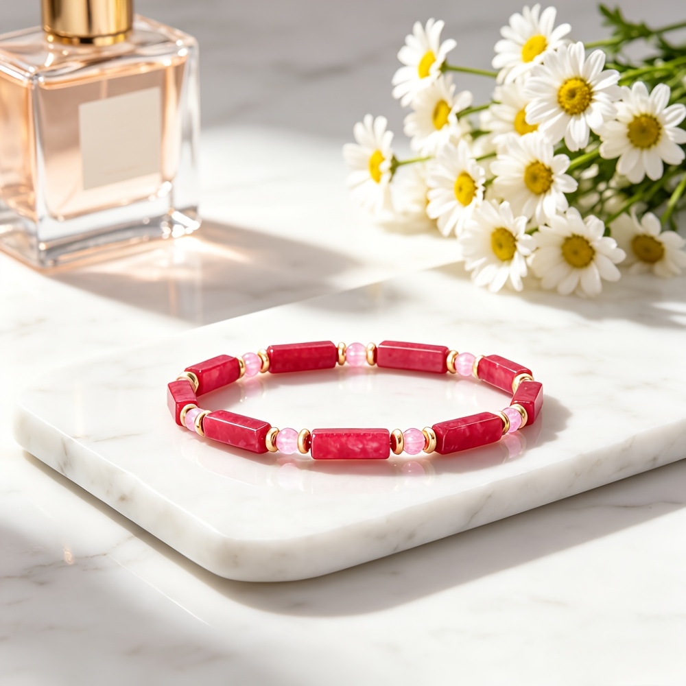 Fashionable Rectangular Rose Bead Bracelet with Light Pink Spacer Beads