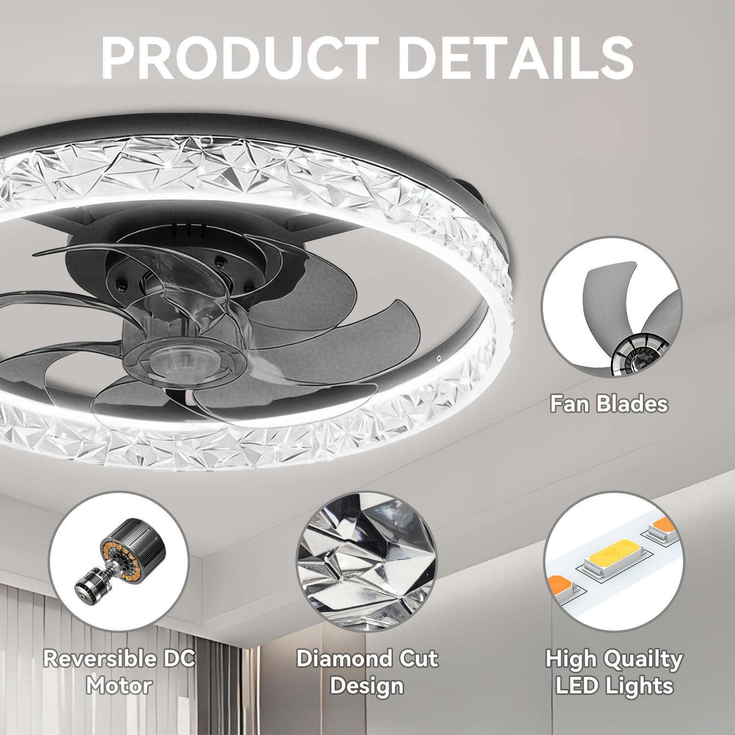 led ceiling fan 20 ceiling fan with lights   control 3 colors dimmable 6   crystal frame timing function reversible   indoor flush mount low profile ceiling fan for bedroom living room Product details 6