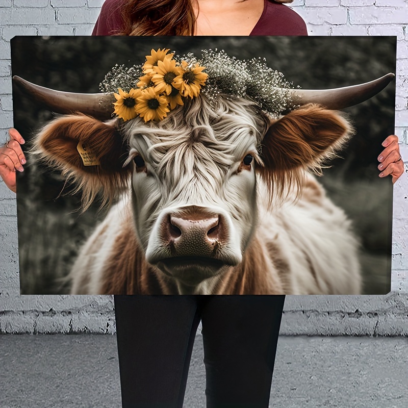 

1pc Wooden Framed Canvas Painting Highland Cow And Flowers Wall Art Prints For Home Decoration, Living Room & Bedroom, Festival Party Decor, Gifts, Ready To Hang