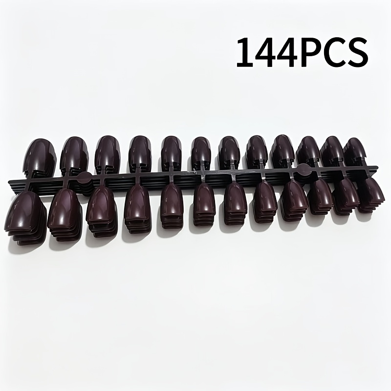 TEMU Glanzende Donkerbruine Vierkante Chinese Stijl Press-On Nagelset, 144 stuks 12 Maten Nepnagels, Nagelstickers