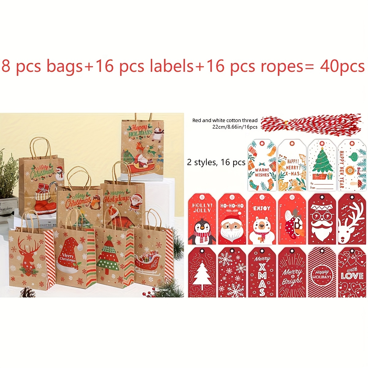 Image of 40pcs Christmas Gift Bags Set - 8pcs Gift Bags, 16pcs Labels And 16pcs Ropes, Paper Hand-held Paper Bags, Christmas Gift Bags Christmas Hanging Cards For Christmas Gift Supplies