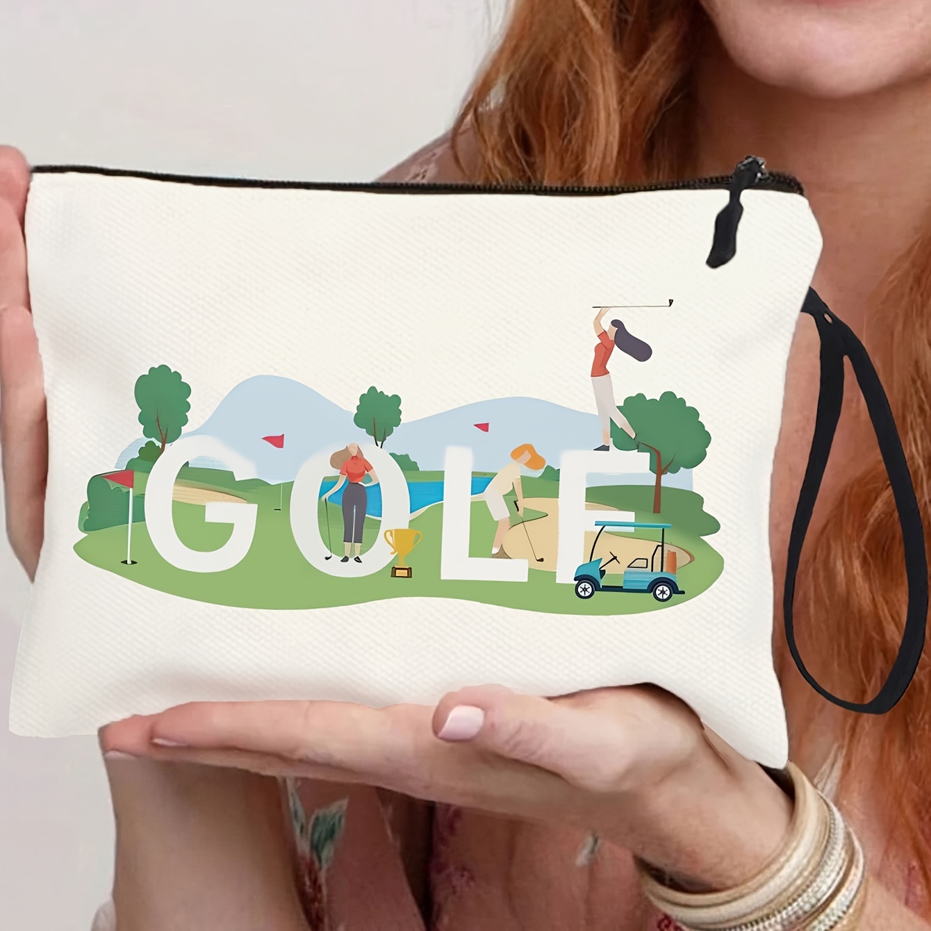 

Golf Theme Canvas Toiletry Bag For Women, Fashion Lightweight Travel Makeup Pouch With Applique, Machine Washable, Zippered With Wristlet Strap, Ideal Gift For Golf Enthusiasts